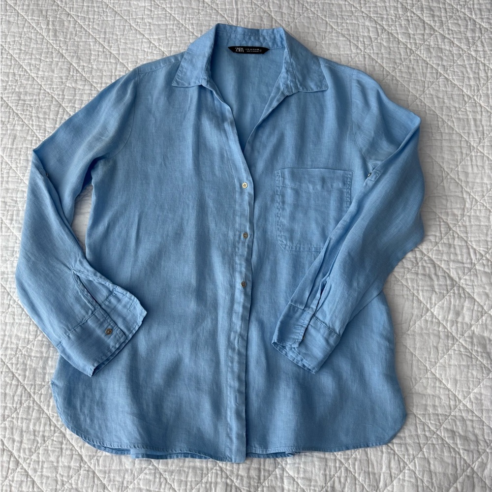 Zara Light Blue Linen Button Down Shirt